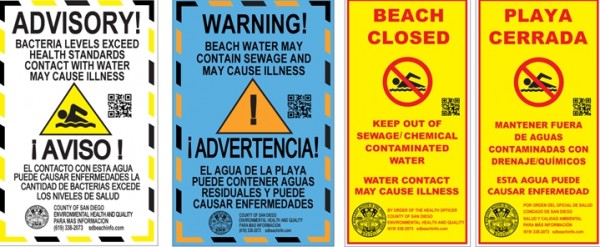 카운티 환경건강국이 새로 도입한 해변 수질 경보 시스템 포스터. 1단계에 해당하는 ‘주의(Advisory)’와 2단계 ‘경고(Warning)’는 영어와 스패니쉬가 한 포스터에 배치되나 마지막 단계인 ‘비치 폐쇄(Beach Closed)’는 영어와 스패니쉬 버전이 따로 제작됐다. [카운티 DEH 웹사이트]